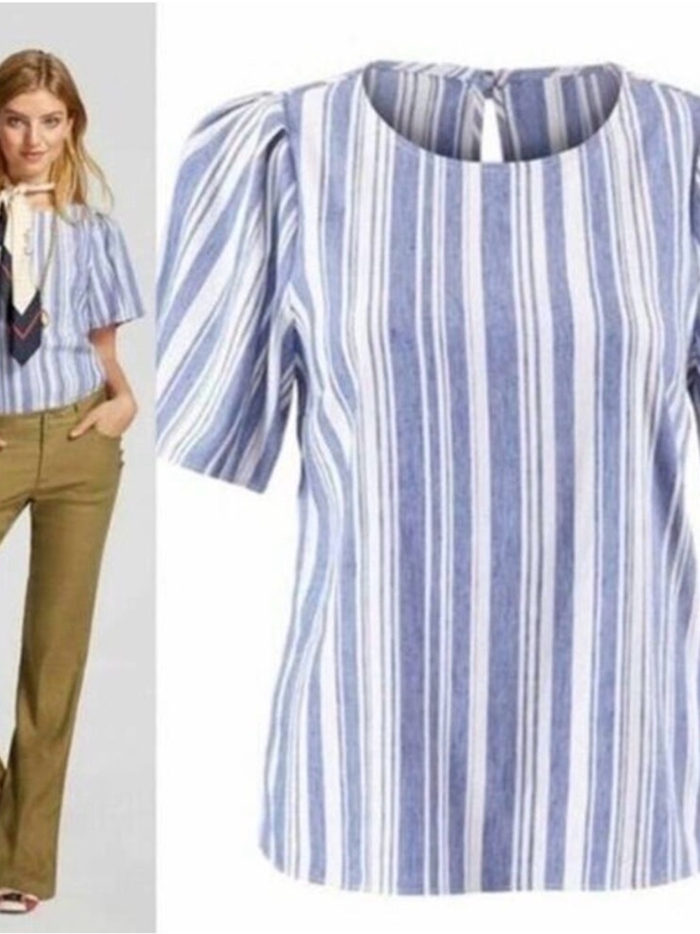 CAbi Blue and White Striped Puff-Sleeve Top #5343